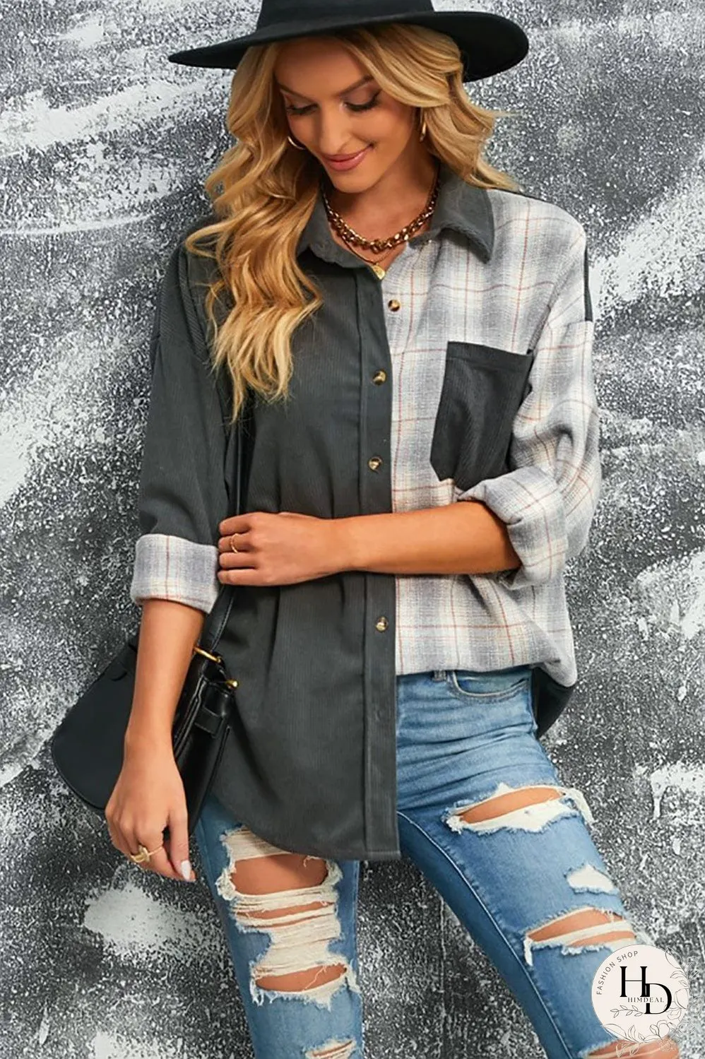 Double Take Plaid Color Block Dropped Shoulder Corduroy Shacket