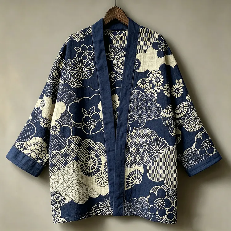 Men's Japanese Art Retro Casual Vacation Floral Design Cotton Linen Cardigan