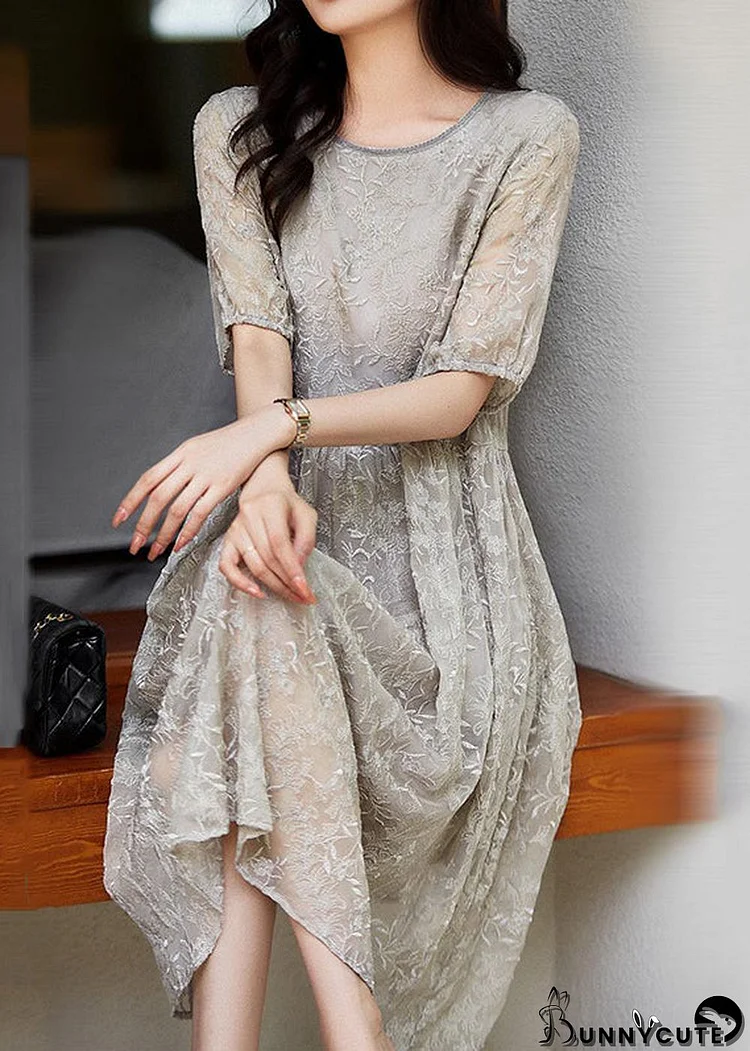 Women Grey Embroideried Wrinkled Patchwork Lace Dresses Summer