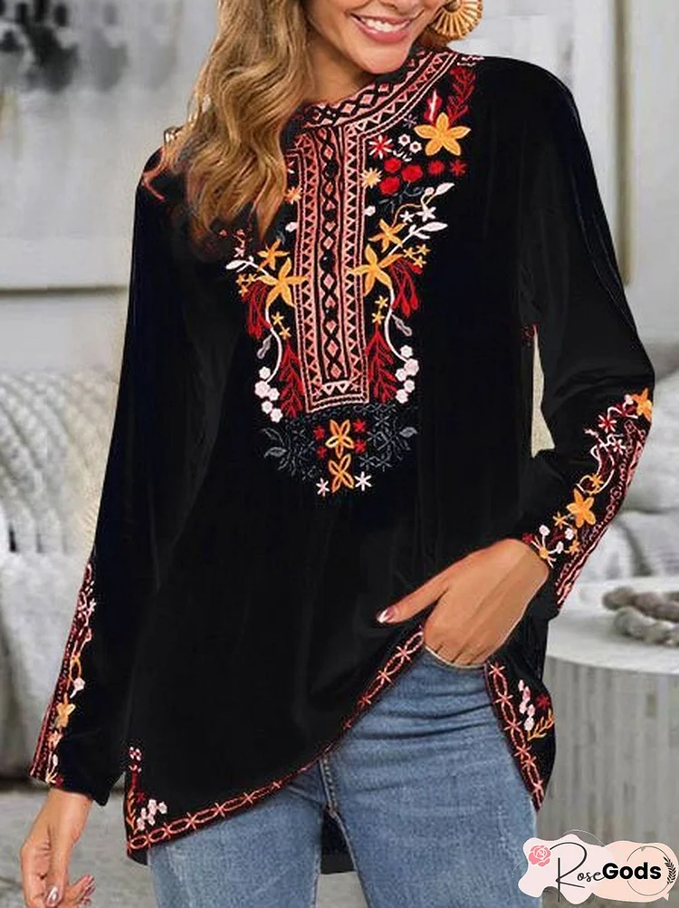 Ethnic Floral Design Crew Neck Loose Top