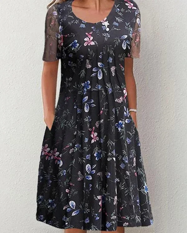 Elegant Round Neck Loose Floral Dress