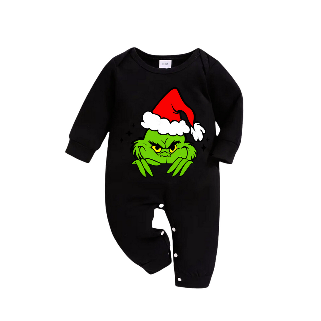 Christmas Cartoon Pattern Print Black Long Sleeve Top with Green and Black Plaid Family Matching Pajamas