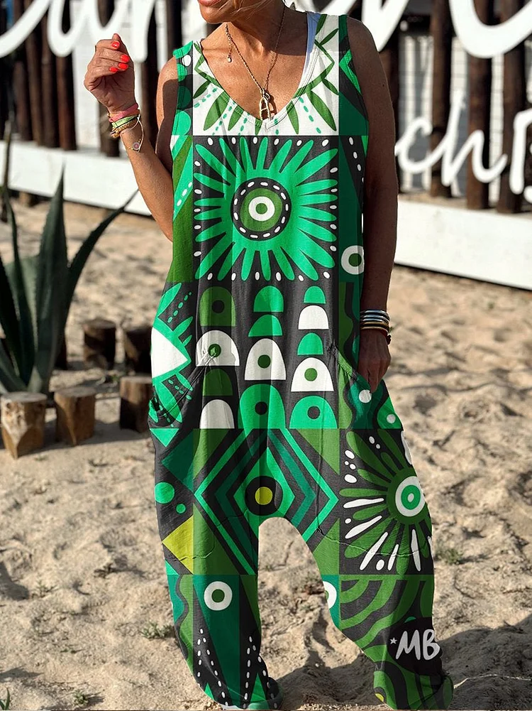 Floral Pattern Hippie Art Print Casual 100% Cotton Wide Leg Jumpsuit