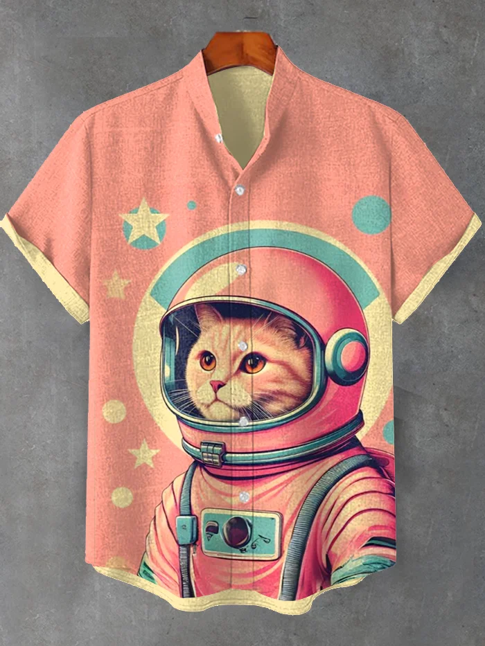 Men's Cute Cat Astronaut Contrast Color Art Print Shirt