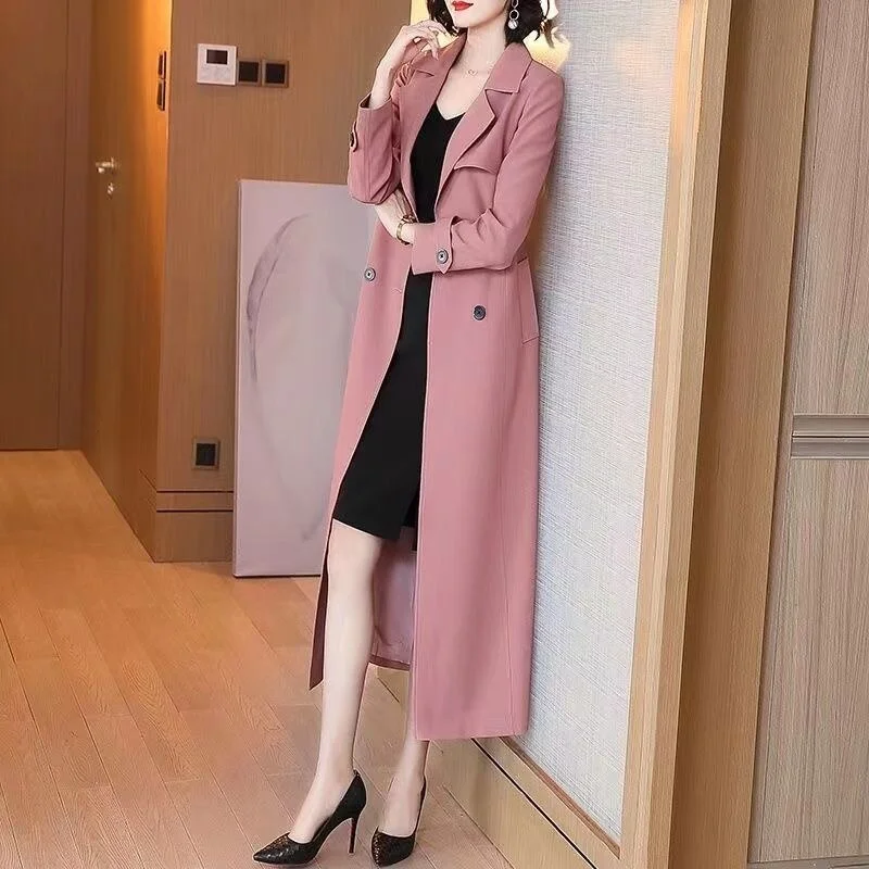Huiketi Spring Autumn New Windbreaker Women Mid Length Double Breasted Suit Collar Overcoat Female Slim Waist Belt Trench Coat