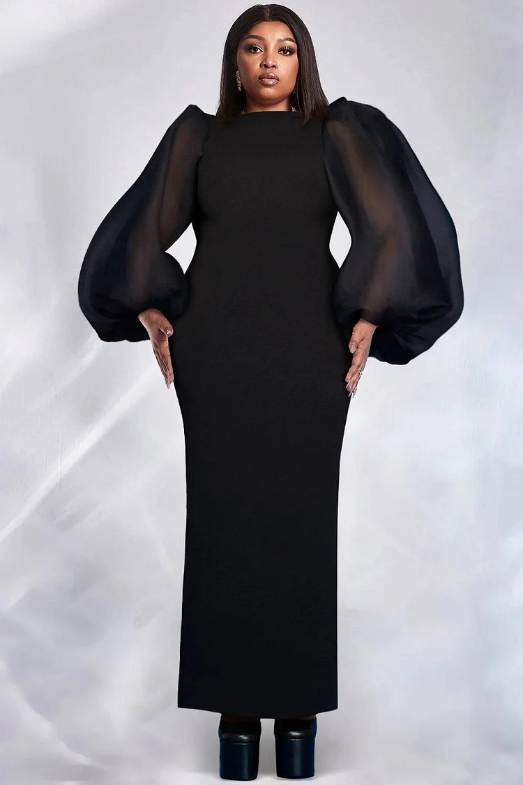 Xpluswear Design Plus Size Formal Maxi Dresses Elegant Black Fall Winter Crew Neck Lantern Sleeve Long Sleeve Contrast Knitted Maxi Dresses [Pre-Order]