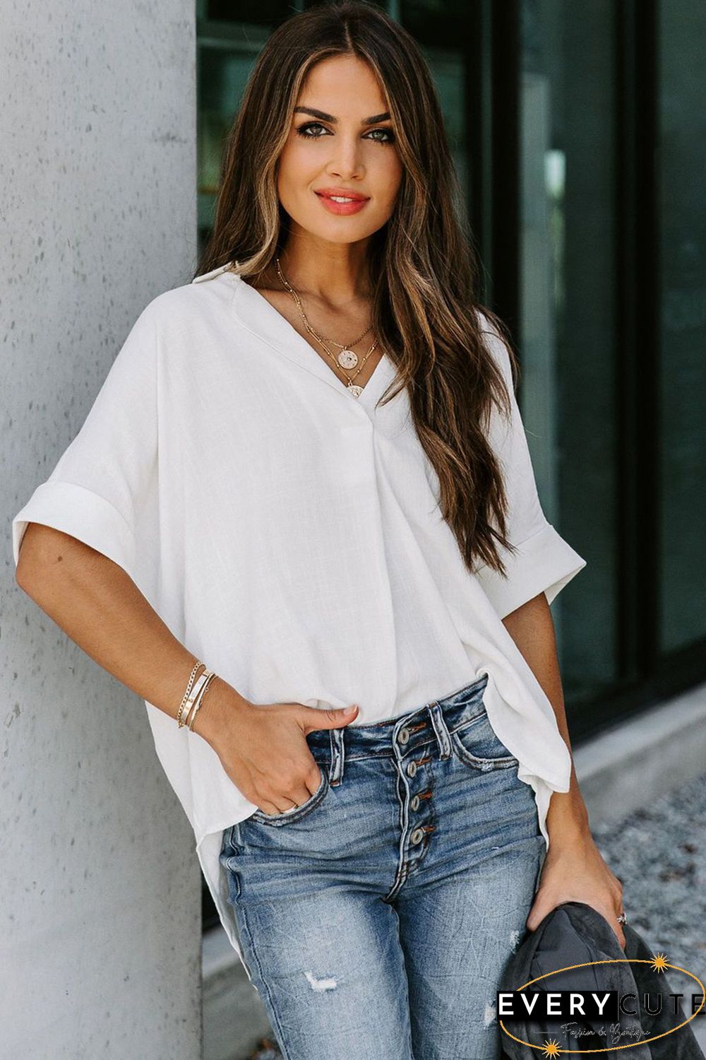 White Short Sleeve Button Solid Shirt