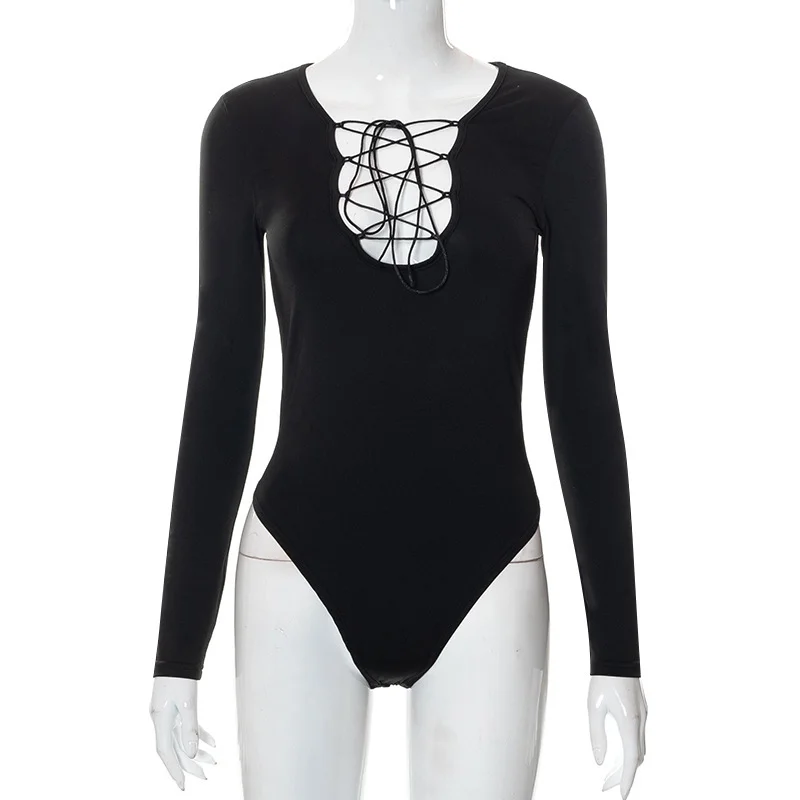 Brownm Brownm New Spice Girl Long Sleeve Clean Color Tie Belt Hollow Out Slim Onesie Women's Clothing