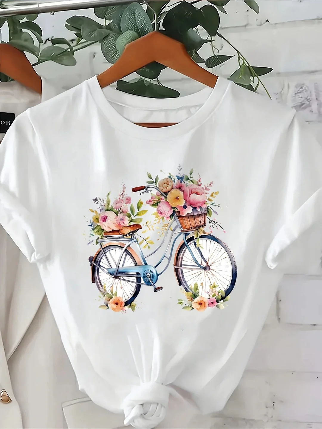 White Cotton Women's T-Shirt | Loose Fit Round Neck Short Sleeve, Vintage Bicycle & Floral Print, Breathable Summer Casual Top For Daily Wear & Parties, Machine Washable, Everyday Comfort | IFYHOME