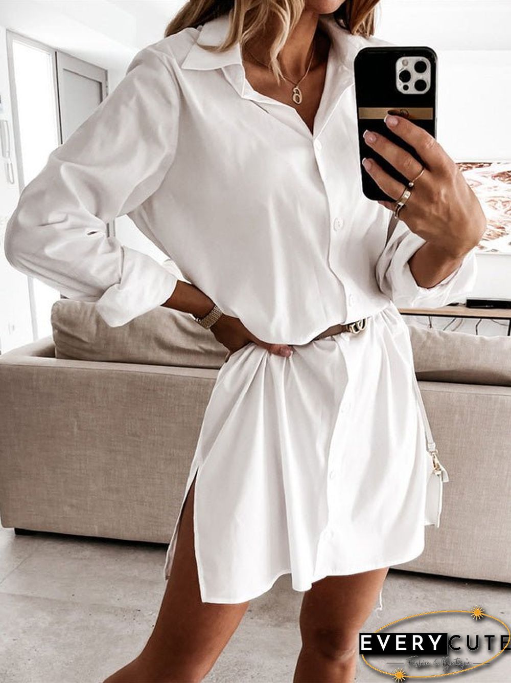 Women'S Dresses Solid Long Sleeve Slit Shirt Dress