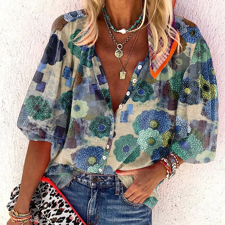  Boho casual print short-sleeved shirt