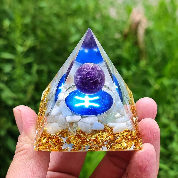 Amethyst with White Agate Pisces Zodiac Orgone Pyramid