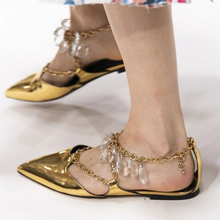 Metallic Gold Pointed Toe Metal Chain Strappy Flats for Women |FSJ Shoes