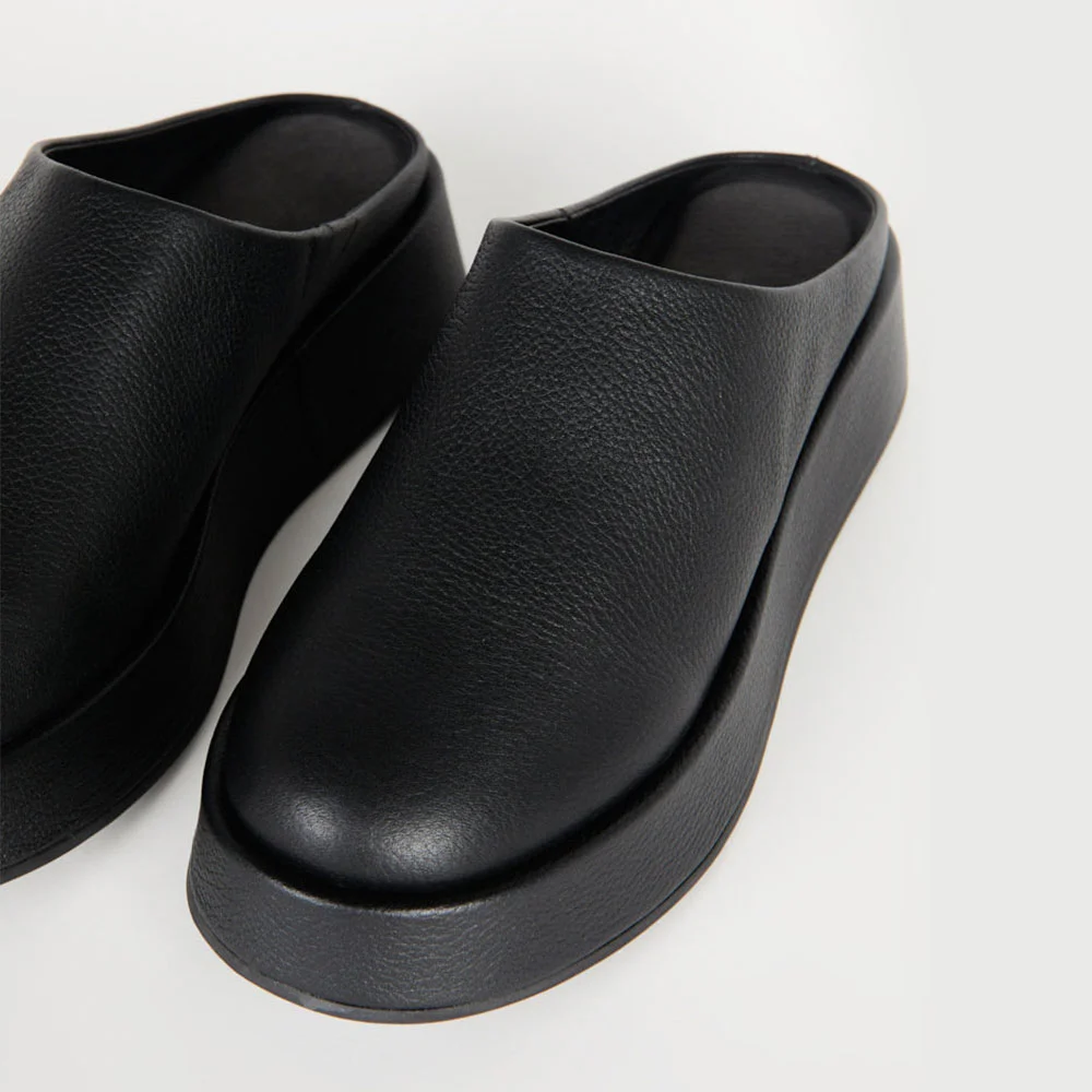 Black Faux Leather Round Toe Backless Slip On Platform Mules