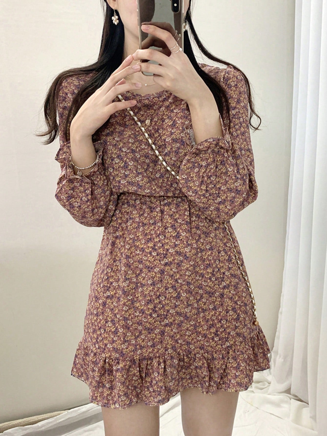 OLCooL Women's Lantern Sleeve Round Neck Summer Floral Dress With Ruffle Hem olcool