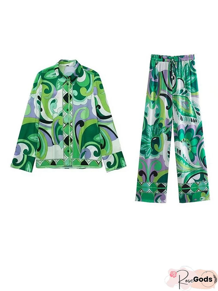 Elegant Lapel Button Long Sleeve Shirt + Wide Leg Pants Suit Spring Casual Pattern Print 2Pc Set Autumn High Street Loose Outfits