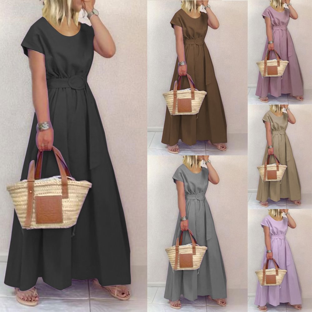 Long skirt round neck solid color swing dress