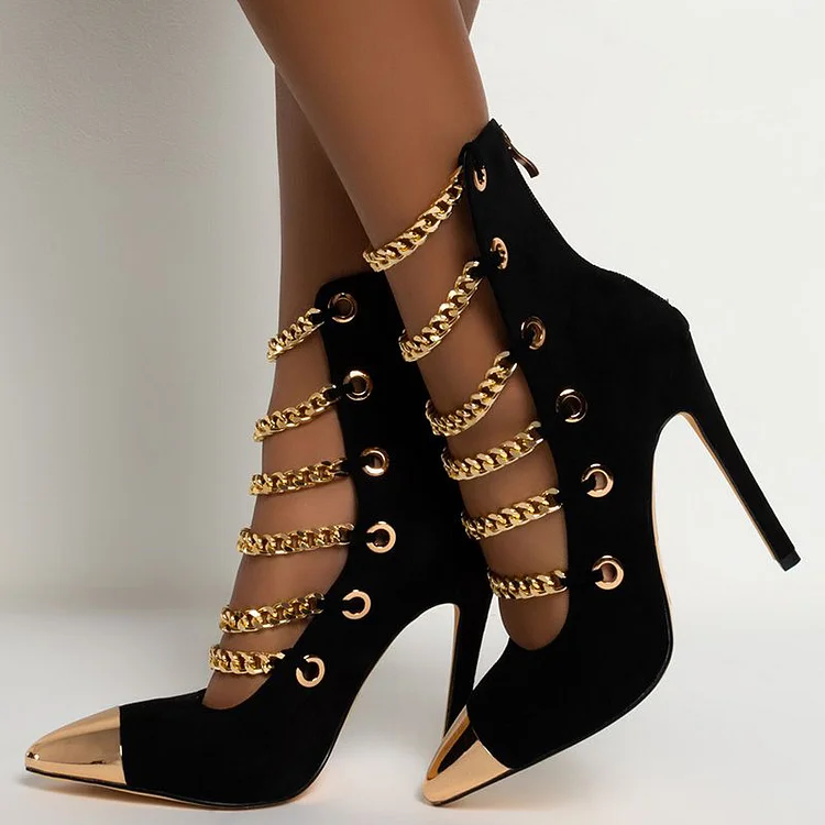 Black Pointy Metal Toe Heels Gold Chain Strappy Shoes Stiletto Pumps |FSJ Shoes