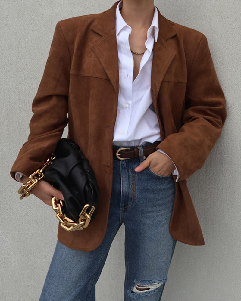 Lapel Long Sleeve Front Pockets Loose Suede Blazer