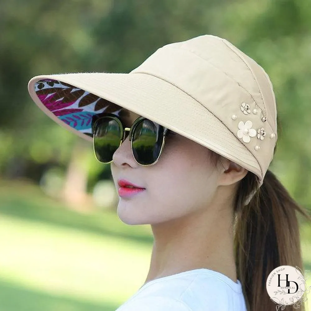 Women Summer Outdoor Gardening Anti-UV Foldable Beach Sunscreen Sun Hat Flower Print Cap