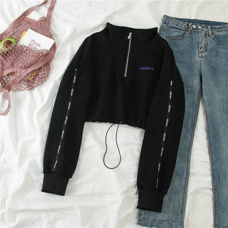 Women Zipper Autumn Black Solid Hoodies Cropped Streetwear Long Sleeve Sweatshirt Cool Loose Pullover High Street Hoodie Females