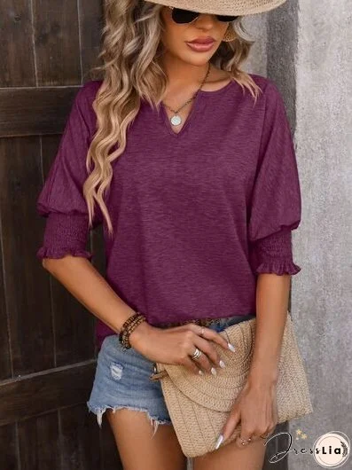 Heathered Notched Lantern Sleeve Blouse