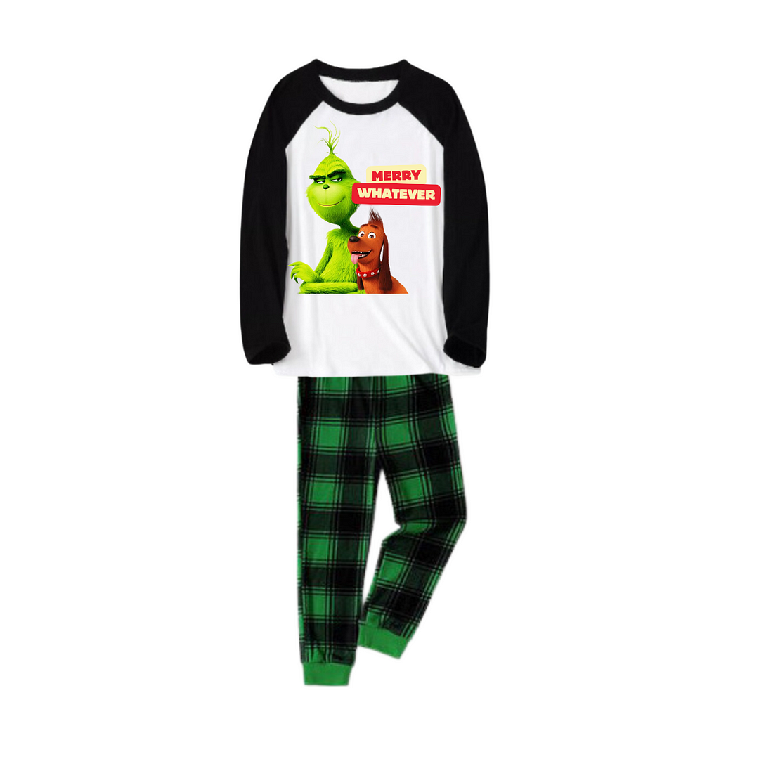 Cartoon Pattern and "Merry Whatever" Printed Green Plaid Christmas Family Matching Pajamas