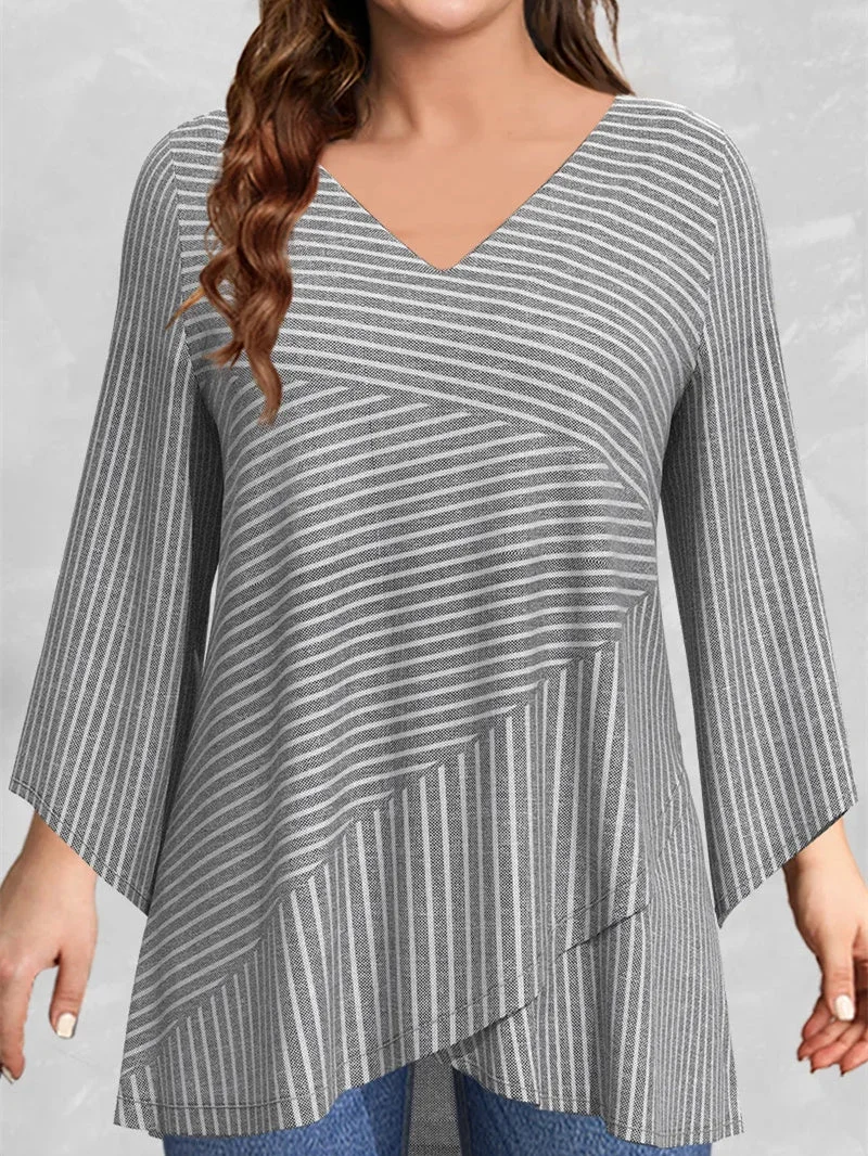 Women Asymmetrical Long Sleeve V-neck Striped Graphic Top