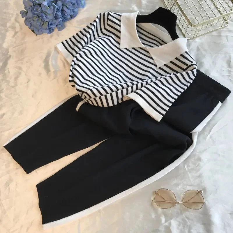 Huiketi 2024 Fashion Tracksuits Woment Striped Knit Pants Suit Casual Knitted Short-sleeved T-shirt + Long Pants 2 Piece Sets