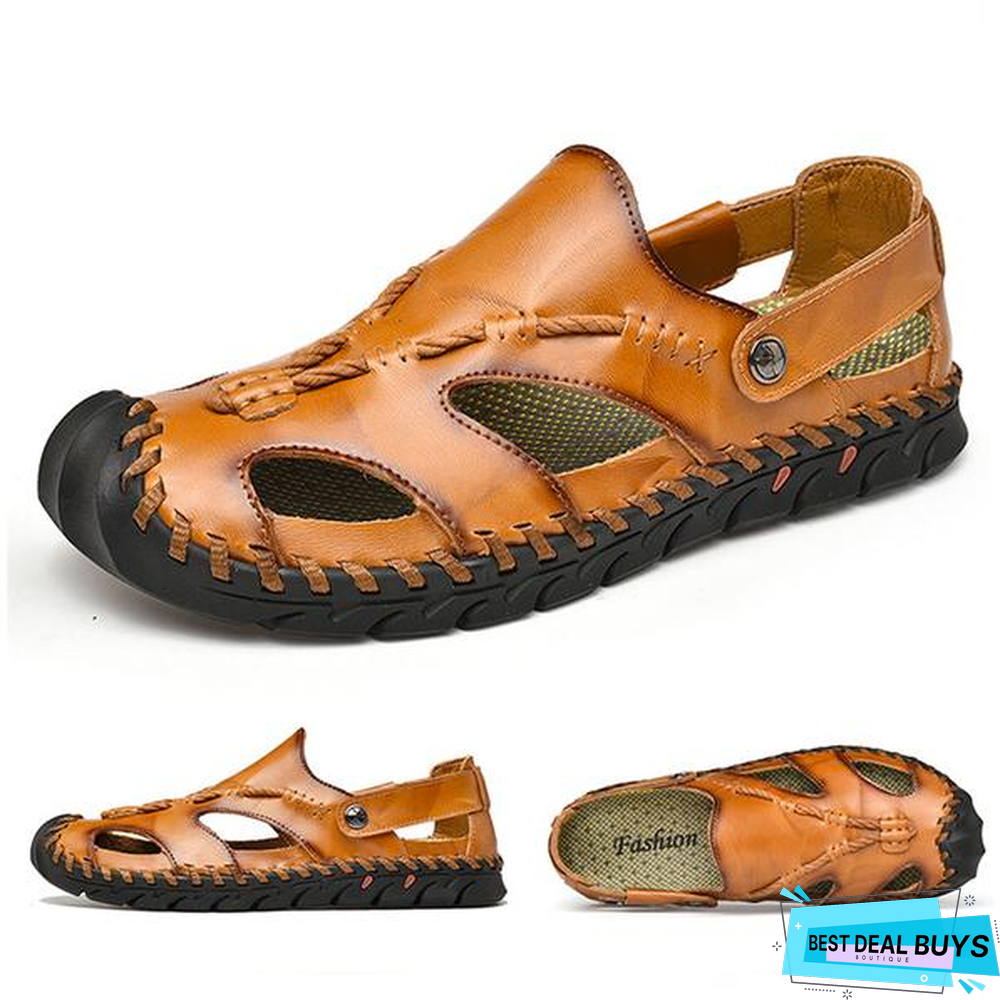 Men's Rome Genuine Leather Sandals Slip On Breathable Beach Sandal Shoes