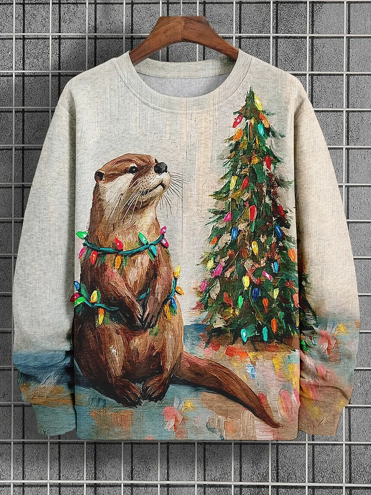 Men's Otter Christmas Tree Oil Painting Art Print Casual Sweatshirt