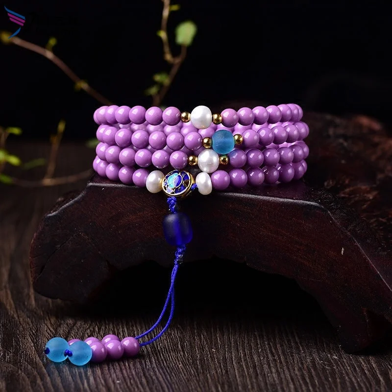 Purple Mica Stone Pearl Bead Luck Bracelet Mala