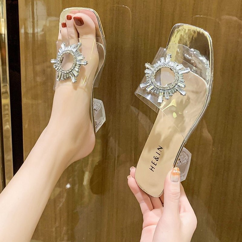 Summer Slippers Women Shoes Woman New Clear Transparent Crystal Mules Bow Knot Thick High Heels Sexy Ladies Shoes Plus Size 45