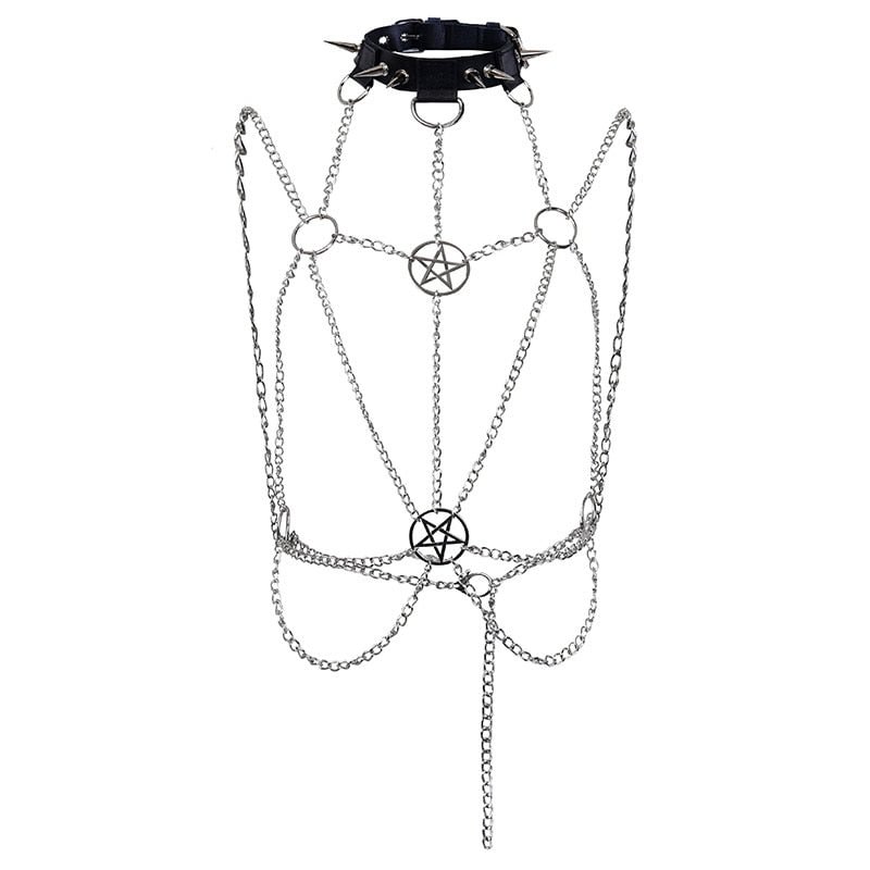 InsGoth Sexy Women Suspenders Chest Metal Chain Belt Gothic Harajuku Pentagrams Patchwork Streetwear Belts Chain Tassel Harness