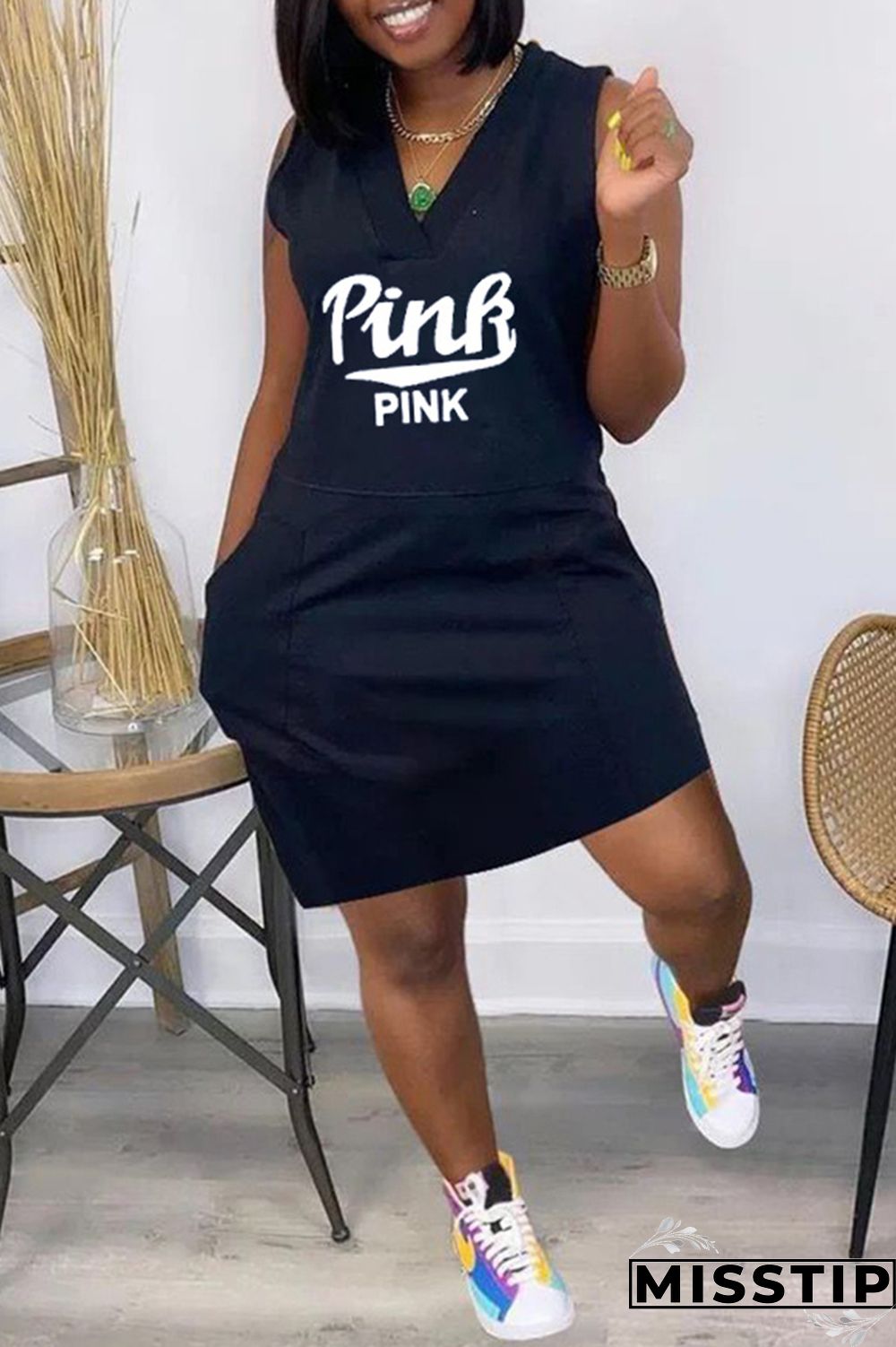 Grey Fashion Casual Letter Print Pocket V Neck Sleeveless Dress Dresses