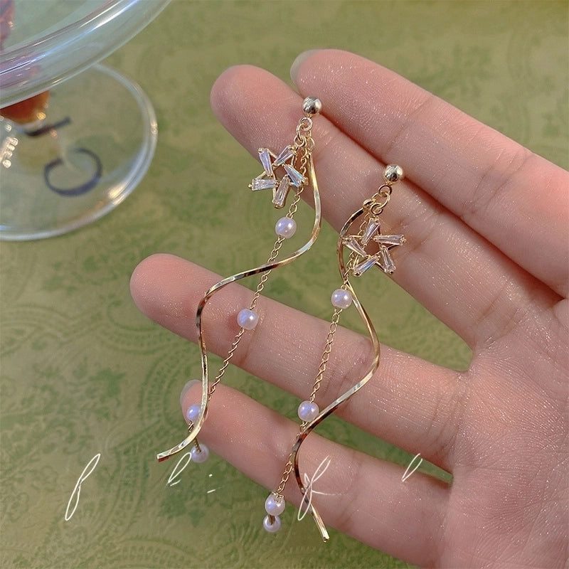 925 Silver Needle Long Star Tassel Pearl Earrings Women  Style Fashion  Elegant Earrings High Quality