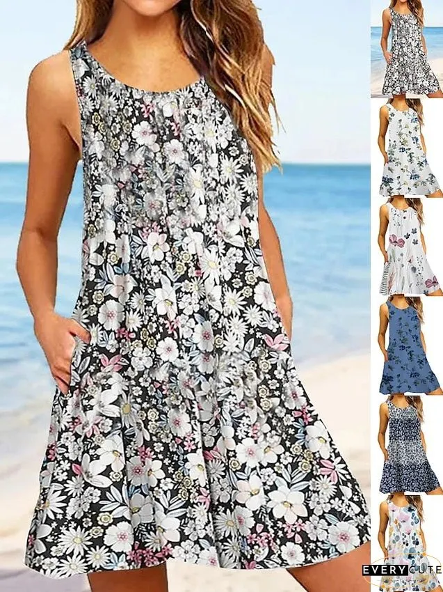 Casual Dress Tank Summer Graphic Floral Print Crew Neck Mini Fashion Classic Daily Holiday
