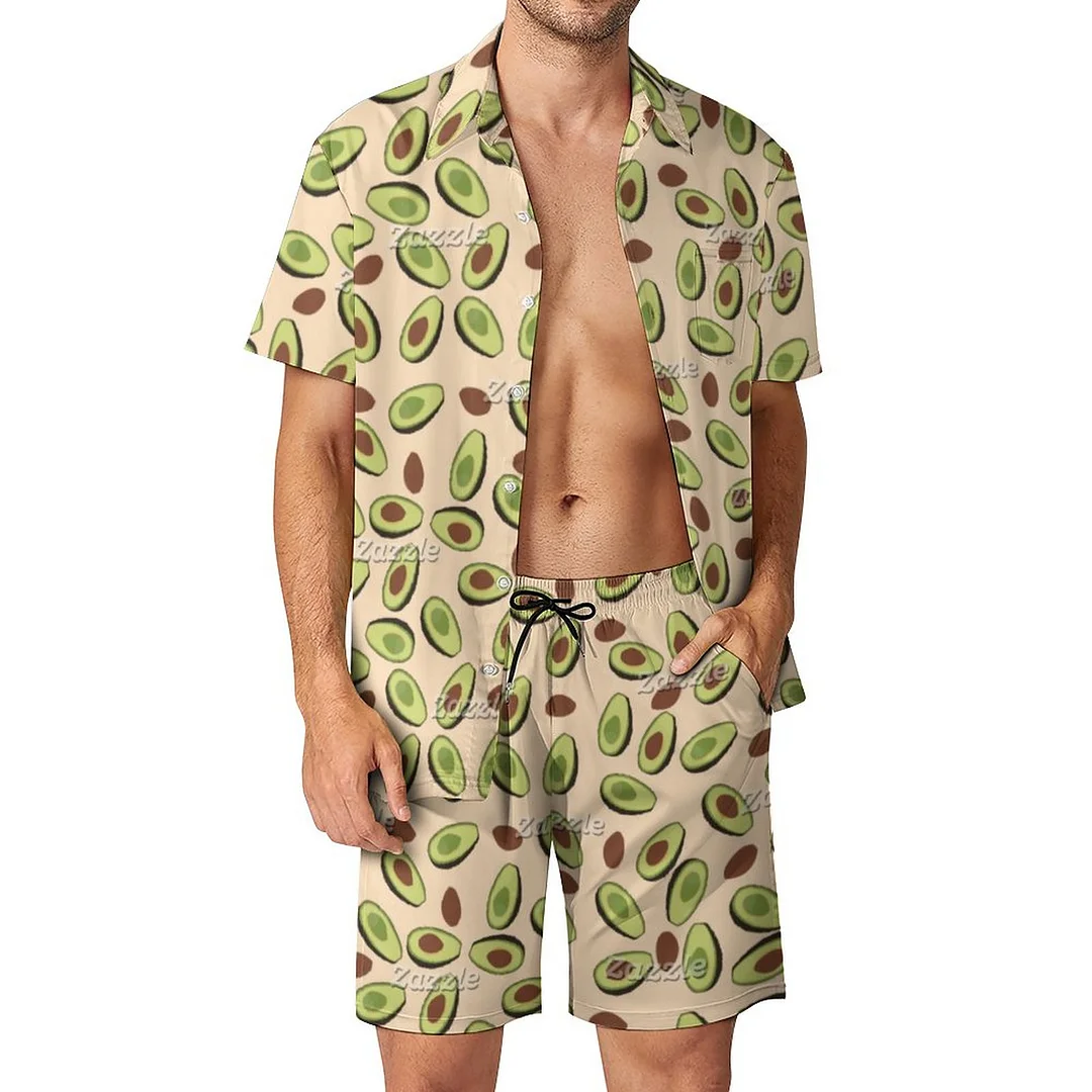 Avocado Men Hawaiian 2 Piece Outfit Vintage Button Down Beach Shirt Shorts Set Tracksuit with Pockets
