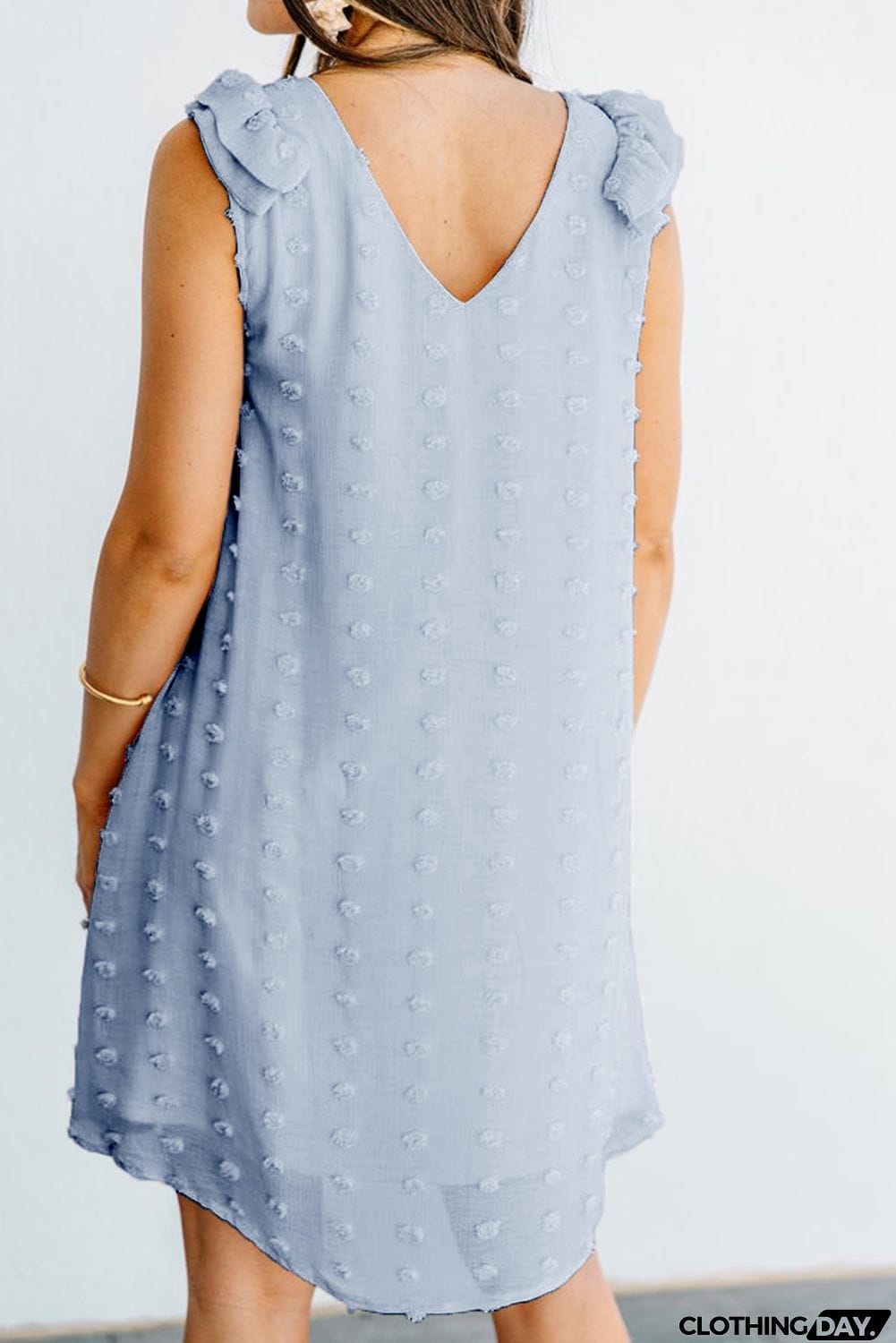 Swiss Dot V Neck Ruffled Sleeveless Mini Dress