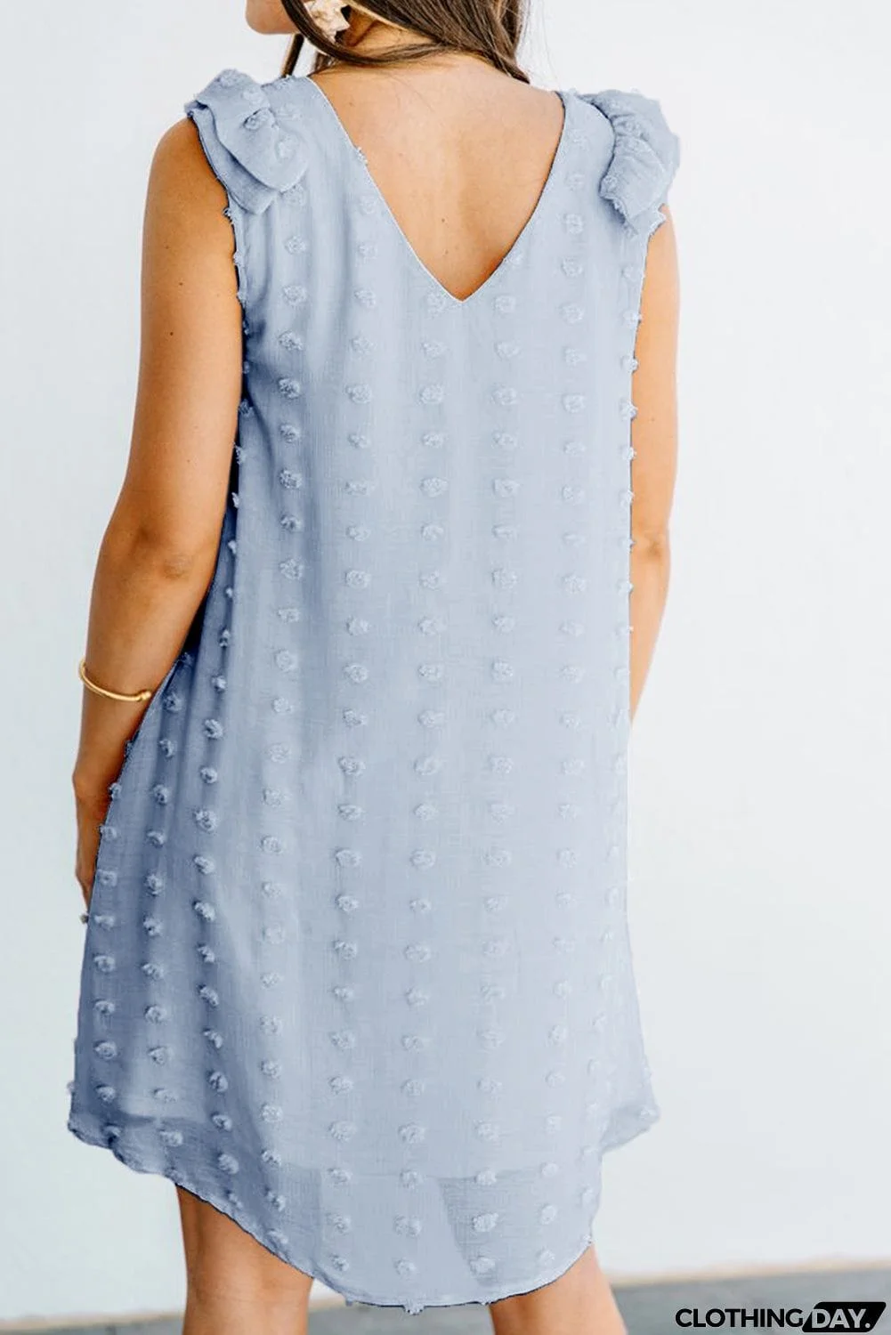 Swiss Dot V Neck Ruffled Sleeveless Mini Dress