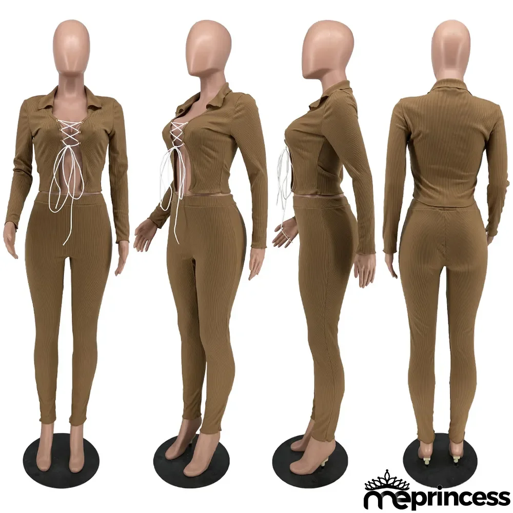 Solid Long Sleeve Lace-Up Two Piece Pants Set