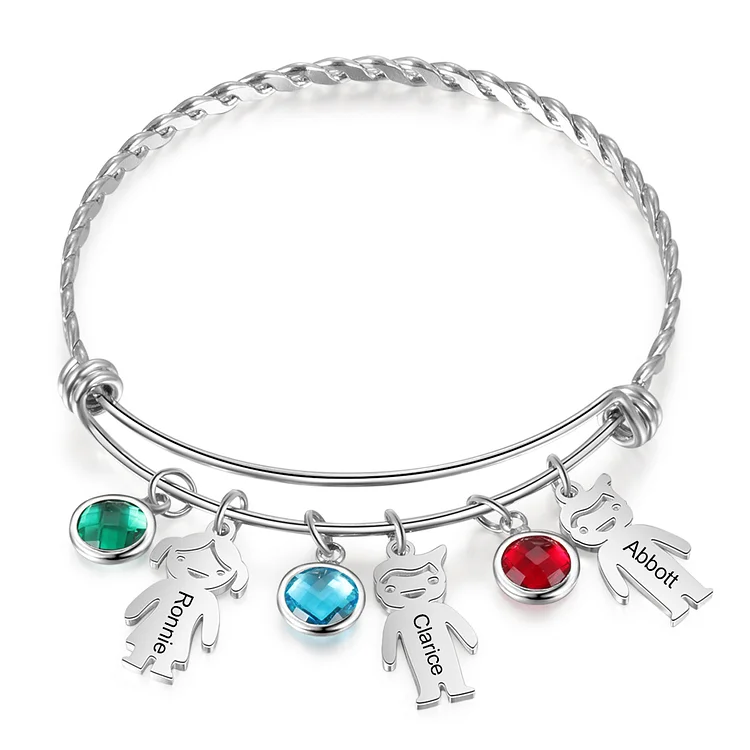 Personalized Kid Charm Bangle Bracelet Custom 3 Birthstones and Names for Her