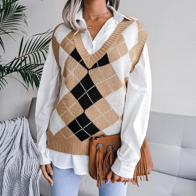 Mayoulove Women's Knitted Vests Rhombus V-neck Pullover Casual Loose Sweater Vest-Mayoulove