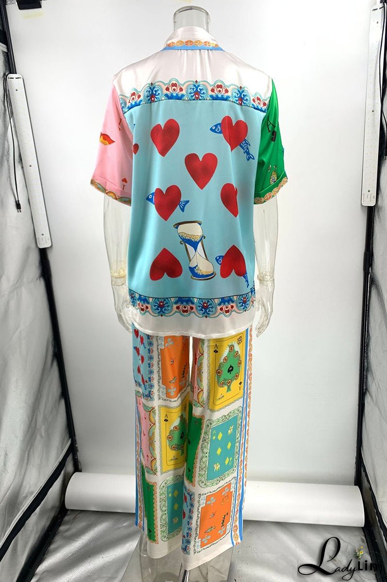 Casual Street Digital Letter Print Contrast Turndown Collar Short Sleeve Two Pieces