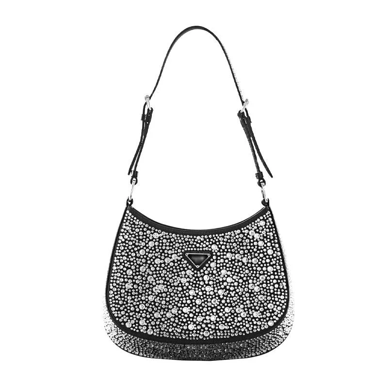 MABULA 2022 Branded Sparkling Crystal Rhinestone Shoulder Bag Half Moon Underarm Evening Purses Luxury Tote Handbags