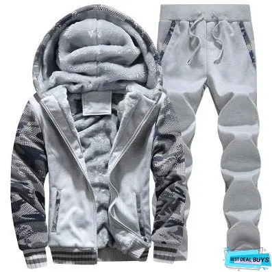 Tracksuit Men Sporting Fleece Thick Hooded Mens JacketPant Warm Fur Inside Winter