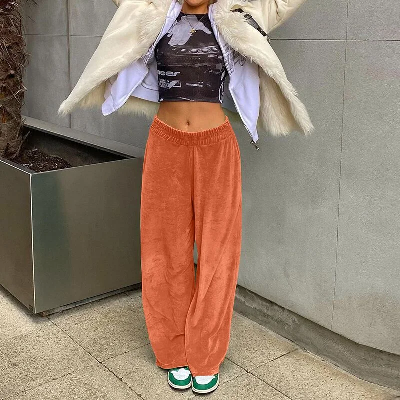 Hugcitar 2021 Velvet Wide Leg Pants Loose Autumn Winter Clothes Women Sweatpants Fashion Bottoms Streetwear Casual Trousers