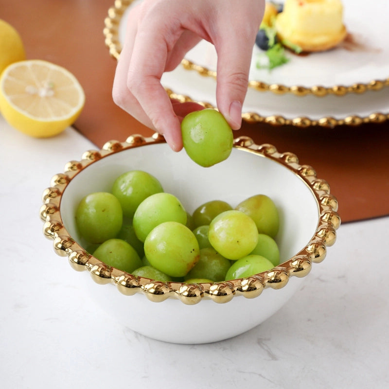 Light Luxury Style Phnom Penh Pearl Point Ceramic Bowl Plate Tableware Household Western Food Plate Steak Plate Fruit Salad Bowl Dessert Bowl