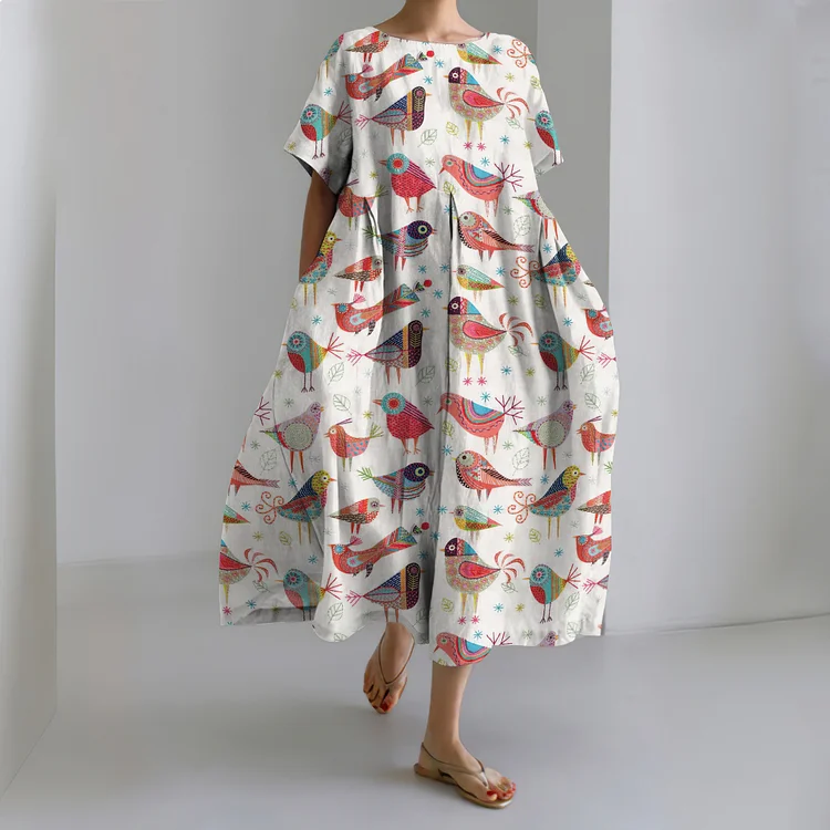 Funny Farm Forest Boho Bird Embroidery Art Pattern Linen Blend Dress