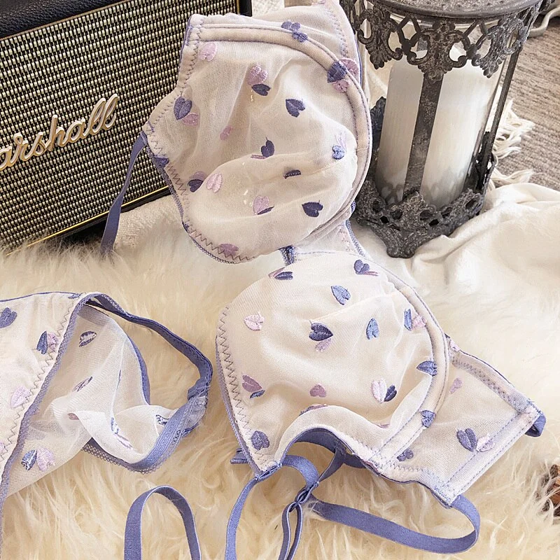 Love embroidery mesh see-through sexy bra set big size sweet underwear adjusted strap women lingerie panty set home wear